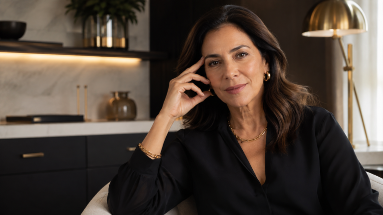 Mulher de meia-idade pensativa, tocando levemente a têmpora, representando a névoa mental da menopausa
