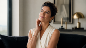Mulher de meia-idade tocando o pescoço, representando os sintomas da menopausa