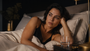 Mulher acordada na cama durante a noite, representando a insônia na menopausa