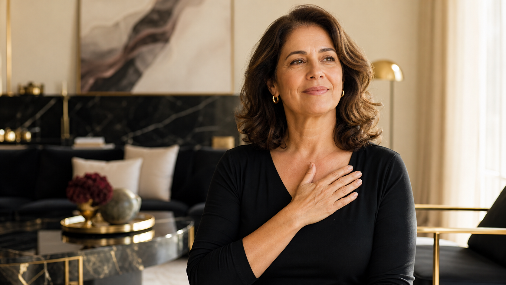Mulher com a mão sobre o peito, expressão serena, representando o cuidado com a saúde cardiovascular depois da menopausa