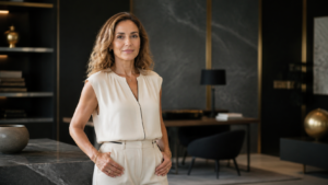 Mulher confiante e de boa postura em ambiente elegante, representando a força e a saúde óssea depois da menopausa