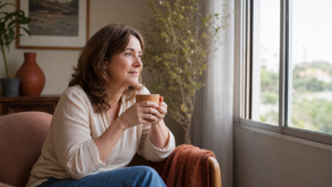 Mulher de 52 anos sentada perto de uma janela com uma xícara de café, olhar pensativo e sereno, representando o início silencioso da transição hormonal.