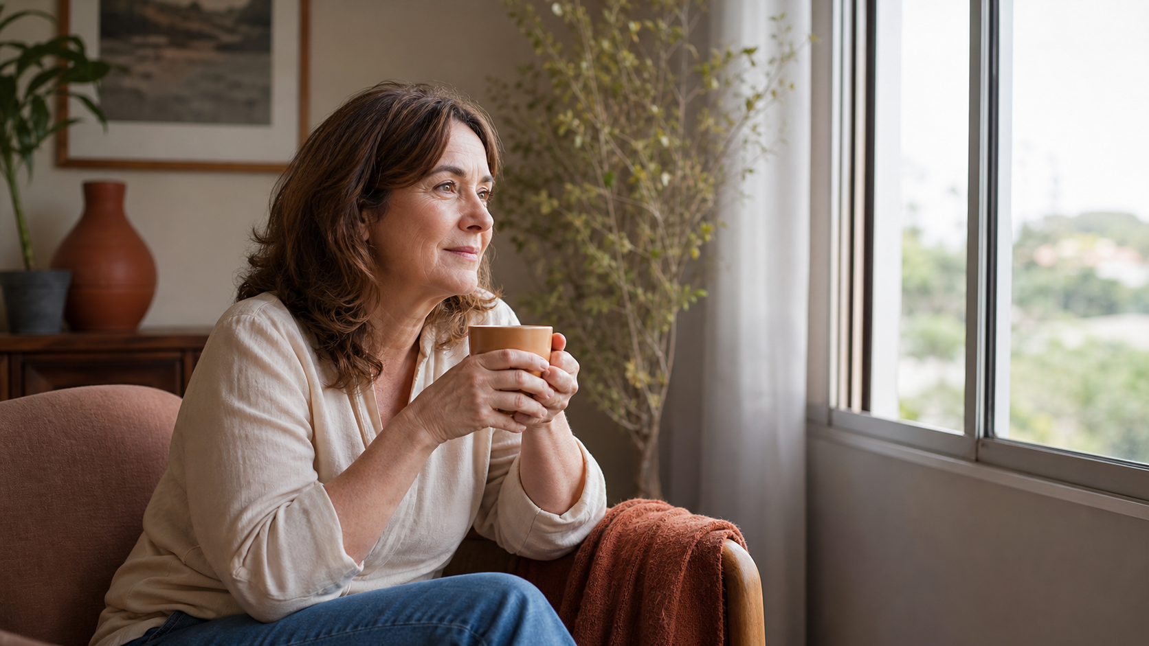Mulher de 52 anos sentada perto de uma janela com uma xícara de café, olhar pensativo e sereno, representando o início silencioso da transição hormonal.