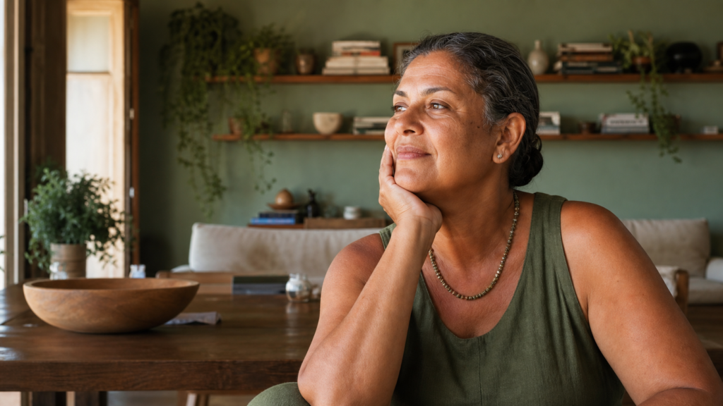 Mulher parda de 55 anos, cabelo preso em coque baixo, em casa, com a mão leve no rosto, expressão de alívio e clareza.