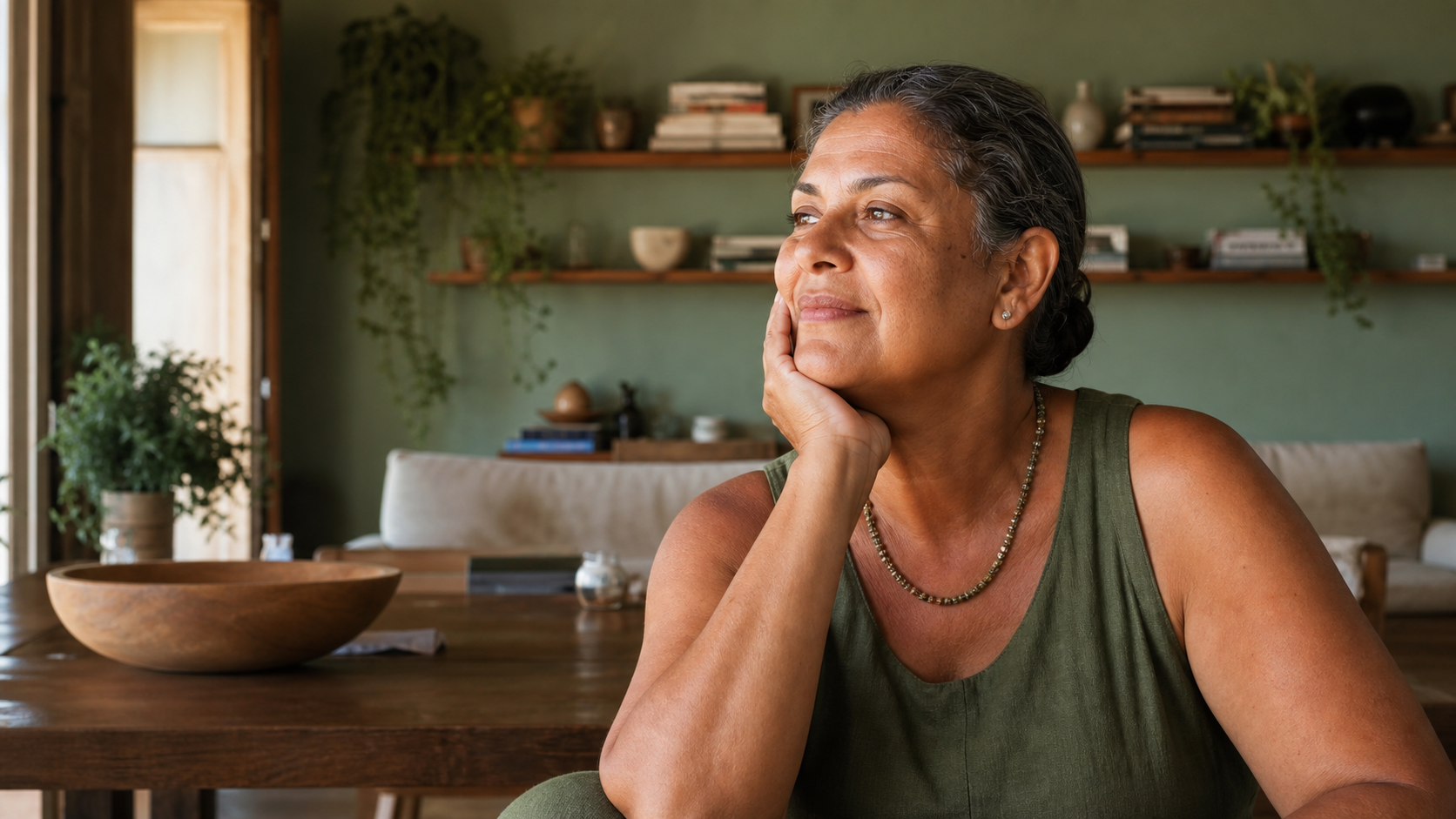 Mulher parda de 55 anos, cabelo preso em coque baixo, em casa, com a mão leve no rosto, expressão de alívio e clareza.
