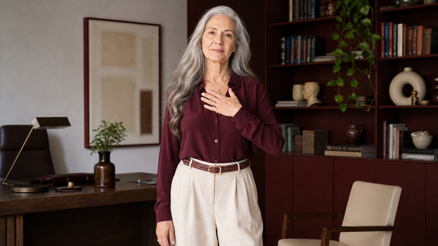 Mulher de 60 anos com cabelo grisalho solto, mão sobre o peito, expressão serena e séria em ambiente clínico acolhedor.