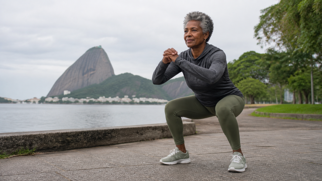 Mulher negra de 57 anos, cabelo grisalho black power curto, ao ar livre em posição de agachamento, expressão de foco e vitalidade sob luz natural de manhã.