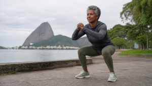 Mulher negra de 57 anos, cabelo grisalho black power curto, ao ar livre em posição de agachamento, expressão de foco e vitalidade sob luz natural de manhã.