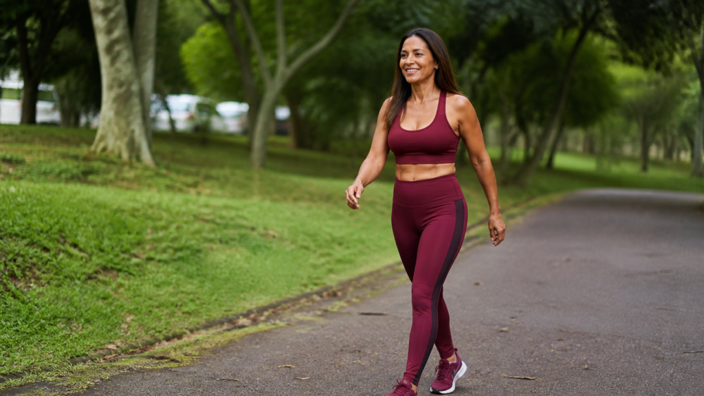 Mulher parda de 48 anos caminhando sorridente em um parque pela manhã, roupa esportiva, transmitindo energia leve e saudável, em tons de bordô e verde.