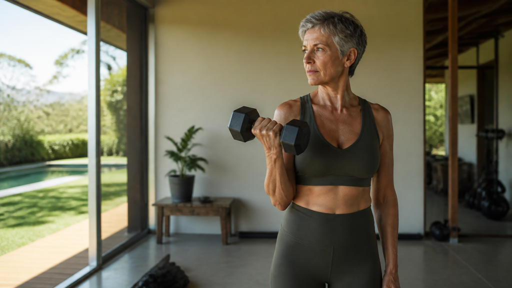 Fotografia realista e editorial de mulher branca, 58 anos, cabelo curto grisalho estilo pixie, em roupa de treino, segurando um halter, expressão de determinação e vigor, em espaço de treino iluminado.