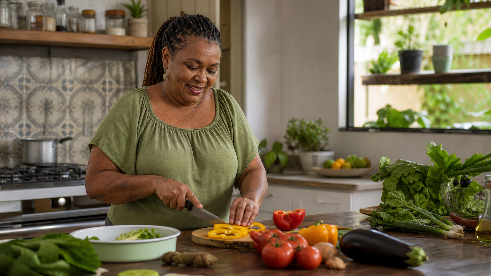 Mulher negra de 51 anos, tranças médias presas para trás, na cozinha, preparando uma refeição colorida com vegetais frescos, sorriso leve e genuíno, sob luz natural.